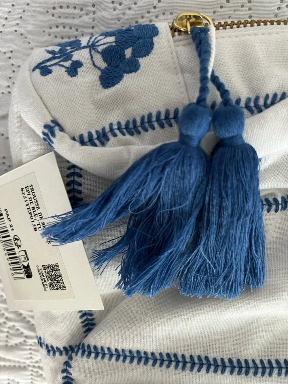 Sezane white and blue embroidery zip makeup bag